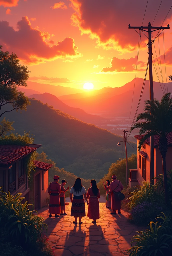 Can you create an Illustration focusing on the sunset?, Capturing the warm glow of the setting sun and the vibrant colors that characterize EL SALVADOR, emphasizing the salvadoran culture and fernando yord