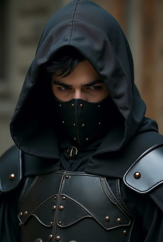 young man. porcelain skin. hair black as night. thick eyebrows. looking down. a leather mask covers his mouth. black armor.