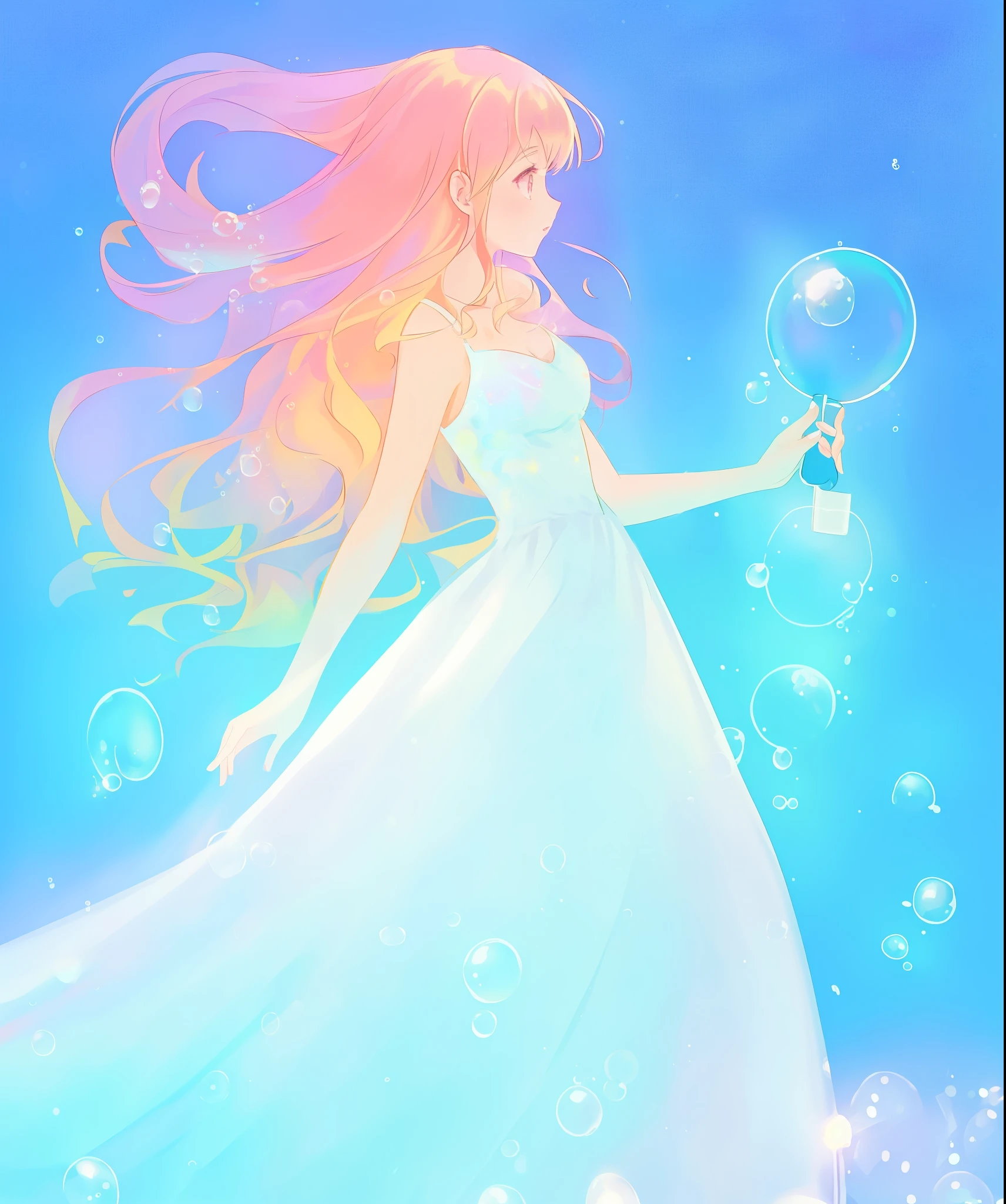 beautiful anime girl in a sparkling  ballgown dress, ((50bubbles)), profile view, looking at the bubbles, vibrant pastel colors, flowing long pink peach hair, (colorful), magical lights, inspired by Glen Keane, inspired by Lois van Baarle, disney art style, by Lois van Baarle, glowing aura around her, by Glen Keane, jen bartel, glowing lights! digital painting, flowing glowing hair, glowing flowing hair, beautiful digital illustration, fantasia background, whimsical, magical, fantasy, beautiful face, ((masterpiece, best quality)), intricate details, highly detailed, sharp focus, 8k resolution, sparkling detailed eyes, liquid watercolor, (((bubbles)))