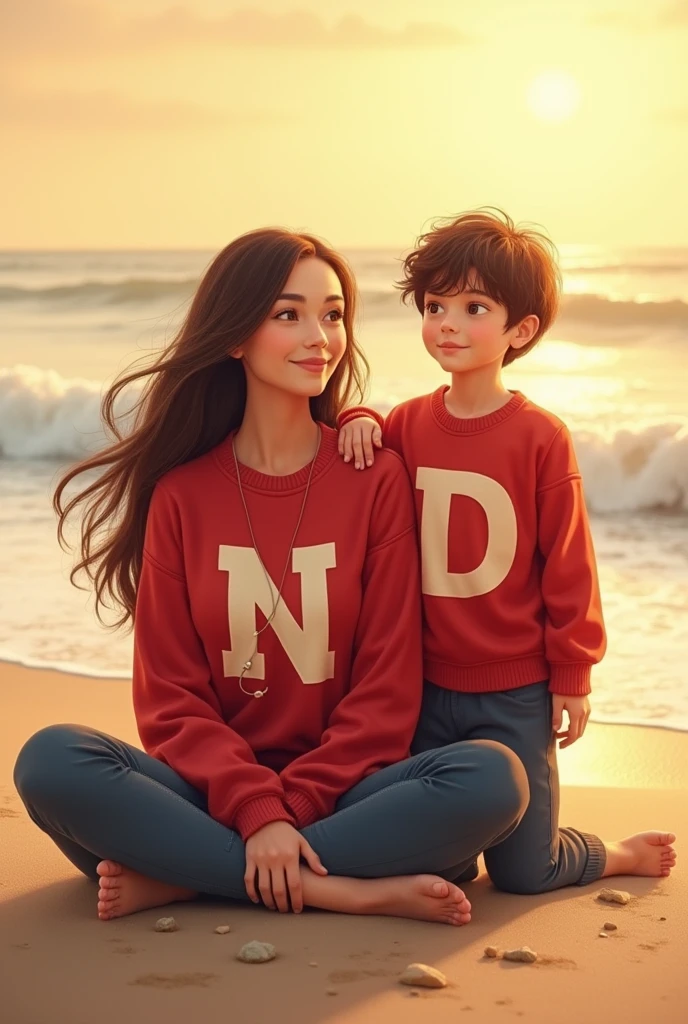 Mother sitting on the beach with the initial N on her red sweater and her son standing next to mom with the initials D on his red sweater
