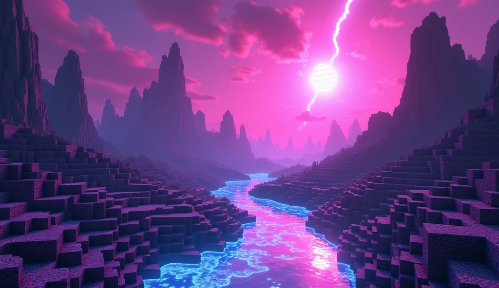 purple and black minecraft art of a purple landscape with a river, high quality arte voxel, minecraft landscape, game aesthetics, voxel based world, High quality detailed 8k artwork, neon landscape, still video game, shaders, background art, arte voxel, beautiful environment, magicalvoxel, beautiful and cinematic lighting, aesthetics!, science fiction underworld, bright purple crack in the sky, still art from Minecraft
