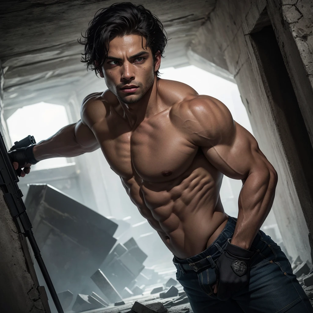"Create a photorealistic illustration of a dark-skinned man in a dangerous situation in an underground location.
The man has strong, angular features, with tanned skin and short dark hair. His blue eyes convey an expression of alert and concern. His body is muscular and athletic, and he firmly holds a firearm with firm, ready hands. In addition to wearing dark clothes.
He is in a dark, underground environment, possibly a tunnel. Stone or concrete walls create a feeling of confinement and isolation. The lighting is dim and shadowy, casting unsettling shadows across the character's tense face.
The composition of the scene should create a feeling of imminent danger, with the character in an alert position, ready to react to an unknown threat. The lighting and color palette should convey an oppressive and threatening atmosphere, accentuating the tension of the situation.
Through facial expression, body posture and hostile environment, the illustration must convey a sense of vulnerability, adrenaline and the urgent need for survival. Realistic details, such as the texture of the weapons and the determined expression of the character, should reinforce the authenticity of the scene."