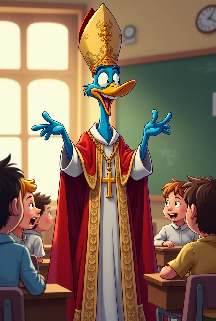 draw a picture of Pope Roadrunner talking to children in a classroom