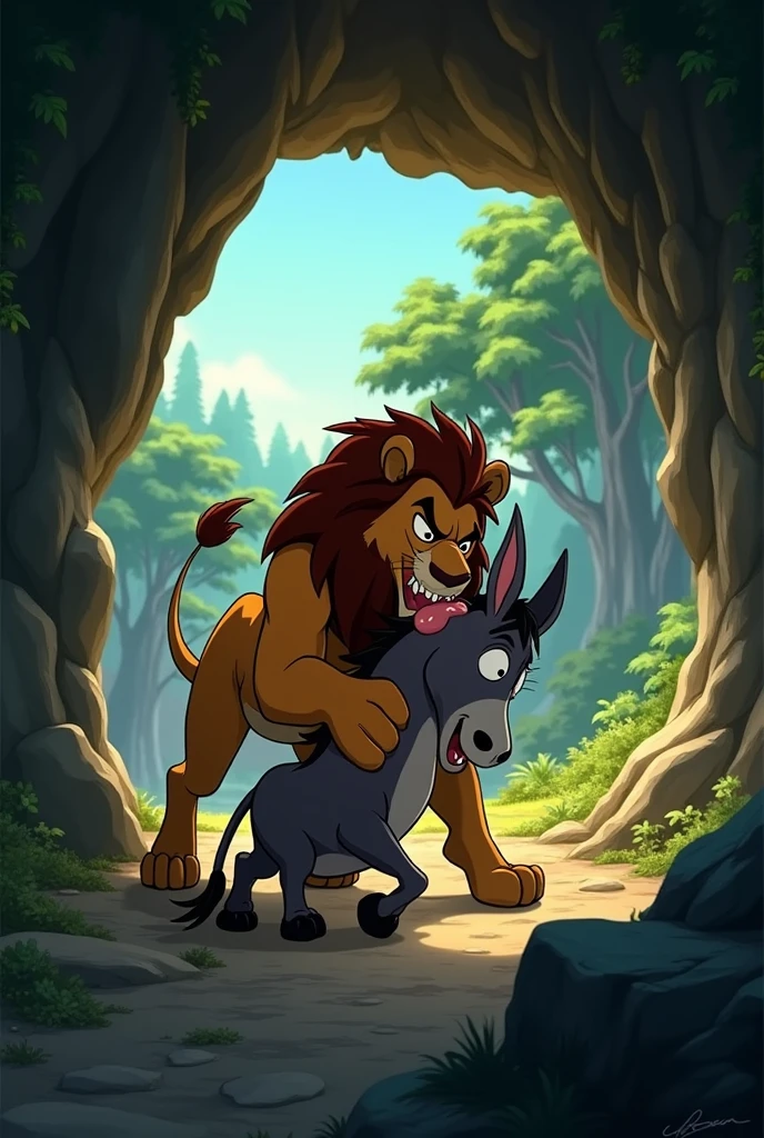 A lion in a cave eating a donkey animation with forest 