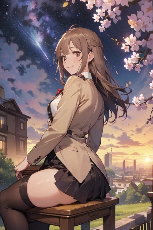 :best quality, 1girl, solo, (maria mikhailovna kujou:1.2), __posture__, long hair, brown hair, hair ornament, ahoge, bangs, hair between eyes, brown eyes, school uniform, black thighhighs, thighhighs, zettai ryouiki, brown jacket, jacket, long sleeves, black skirt, skirt, shirt, brown footwear, loafers, middle breasts, breasts, cowboy shot, __looking__, __expression__, __background__. __posture__:standing\nstanding\n(contrapposto:1.1)\n(contrapposto:1.2)\n(sitting:1.1)\n(sitting:1.2)
__looking__:looking_at_viewer\nlooking_at_viewer\nlooking_at_viewer\nlooking_at_viewer\nlooking_back
__expression__:smile/nsmile/nsmile/nsmile, open_mouth/nsmile, closed_eyes/nopen_mouth/nshy/nlaughing/nangry/nevil/nlonely/ncrying
__background__:outdoors, starry sky, night sky, sunset\nnight, night sky, cloudy sky, meteor, planet, cloud, star (sky), (starry sky:1.2)\n(outdoors), day, blue sky, cloud, nature, tree\noutdoors, day, blue sky, cloud, water\noutdoors, day, grass\ncherry blossoms, tree, outdoors, shooting star, petals, cloud\noutdoors, city, cityscape, scenery, building