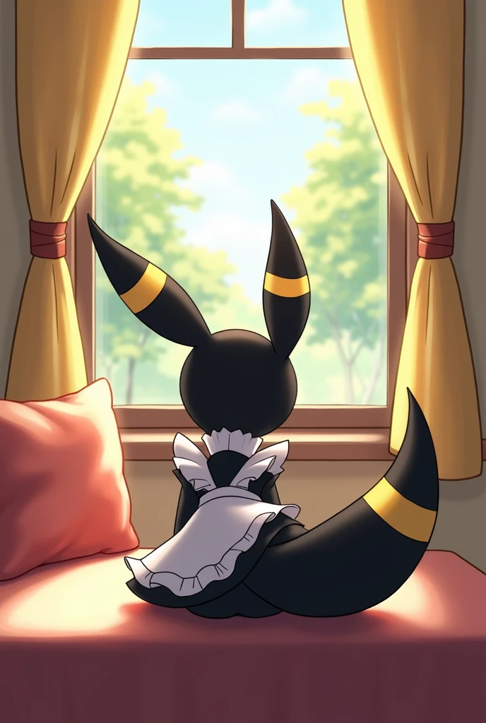 cafe, window, curtains, cushion, summer, day, available_light，((((the maid outfit，Role-playing set)))) 
((umbreon)), [[black_body, yellow_circle_tattoo, black_fur, markings, ear_markings]], non-humans, no-hair
(((quadruped, feral, canid, canine))), hind_limbs, (pink_pawpads:1.2), (animal_legs, animal_hand:1.2)
solo, looking_at_viewer
(on_front), lying
rear_view
best_quality, hi_res, masterpiece, absurd_res
Highly_detailed, 4k, high_detail, detailed_background
uploaded_on_e621, (by_Hioshiru:1.2), (by_Ancesra:0.6), (by_Kekitopu:0.6), (by_kikunyi:0.6), (by_Syuro:1.2), (by_Doxy:0.6), (by_youjomodoki:0.6), by_dacad, (by_reysi:1.2), by_zinfyu, by_pata, by_chunie, by_dr.bubblebum