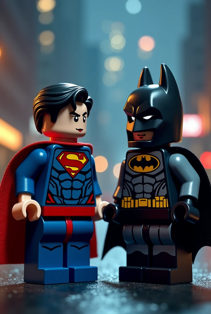 Superman and Batman in lego art, night