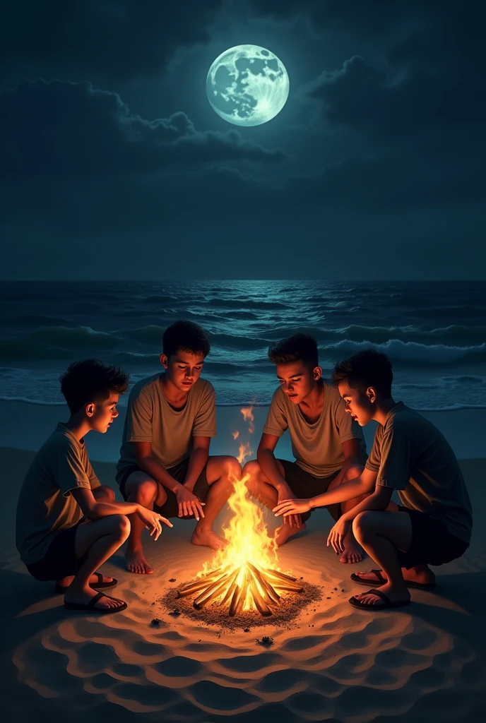 Beach, Night Time, boys Burning Fire, Scary Brown, 4 Friends, All Hands, Moonlight Night,