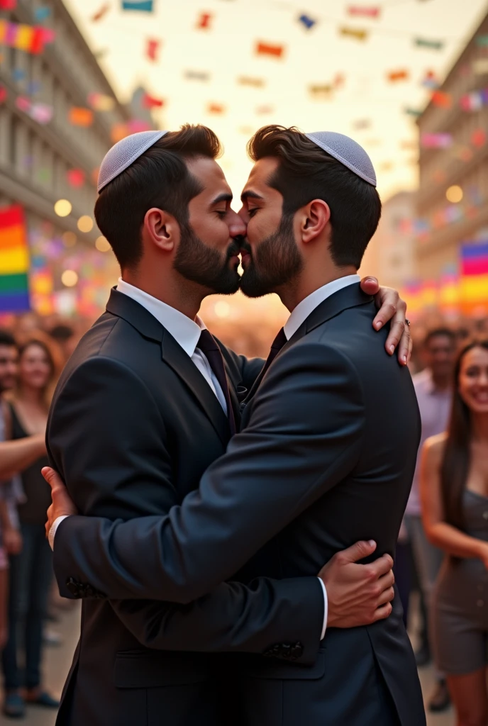 one jew man and one muslim man in a gay event kissing 
