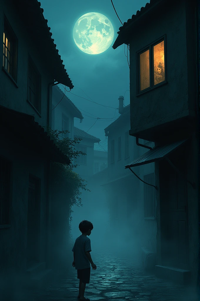 Make an image of a dark alley in a tense environment, yesterday there is a shadow in this alley and a boy in his house on the second floor inside his room at the window watching this shadow. The atmosphere is dawn, It has a lot of fog and a full moon. The boy shows fear on his face.