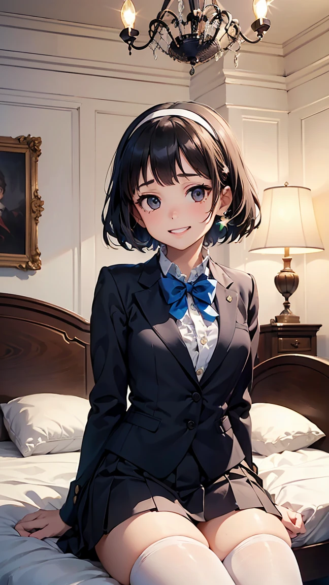  sakuyaunif, kurobane_sakuya, short hair, grey hair, black hairband, blue hair flower, brown eyes, red eyeliner , purple blazer, long sleeves, black bowtie, black shirt, frills , pleated skirt, pink skirt , black pantyhose, loafers, black footwear,---(8K, raw, highest quality, real 1.2), ultra high quality, high resolution, highest quality, perfect face, perfect limbs, perfect fingers, high resolution, (beautiful anime face, cute face, detailed face), smile of joy, smiling expression, sitting on bed, cowboy shot, miniature human hand, (((medium bust 1.3))), (((thin thighs 1.3))), ((white walls bedroom 1.5)), ((white framed bed 1.5)), ((white ceiling bedroom 1.5)), ((divine light 1.5)), pure white chalk interior, pure white marble interior, ((Pure white bedroom like a Western castle: 1.5)), ((Luxurious pure white canopy bed: 1.4)), ((Chandelier: 1.4))), ((Pure white bed 1.5)), ((Beautifully decorated bedroom 1.5)), perfect anatomy, perfect proportions, nice lighting, bright colors, clean lines, information, blurred, stunning facial expression, restless emotions, gorgeous and cute, beautiful face and eyes in every detail, (masterpiece) beautiful face, young and handsome girl, really perfect skin, blurred, stunning facial expression, restless emotions, gorgeous and cute, beautiful face and eyes in every detail, (Audrey Hepburn), (cute), (J-POP idol), (thighs, (depth of field), (depth of field), soft light, glittering lens gaze, (droopy eyes), straight teeth, shy smile, flowing hair, a scene from Blake's movie,