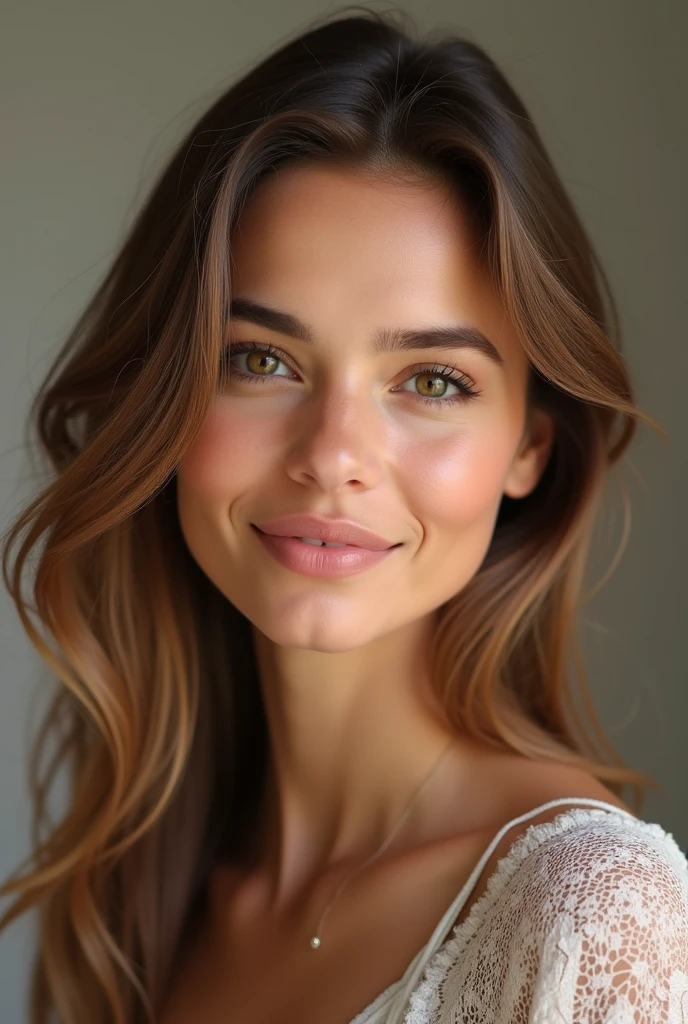 Create a realistic portrait of a female model of Tunisian origin. She has light brown eyes, medium-length light chestnut hair, and a round face with a warm, inviting expression. Her skin tone is mixed, reflecting her Tunisian heritage. The overall style should highlight her natural beauty, with soft lighting that accentuates her features, especially her eyes and facial contours.