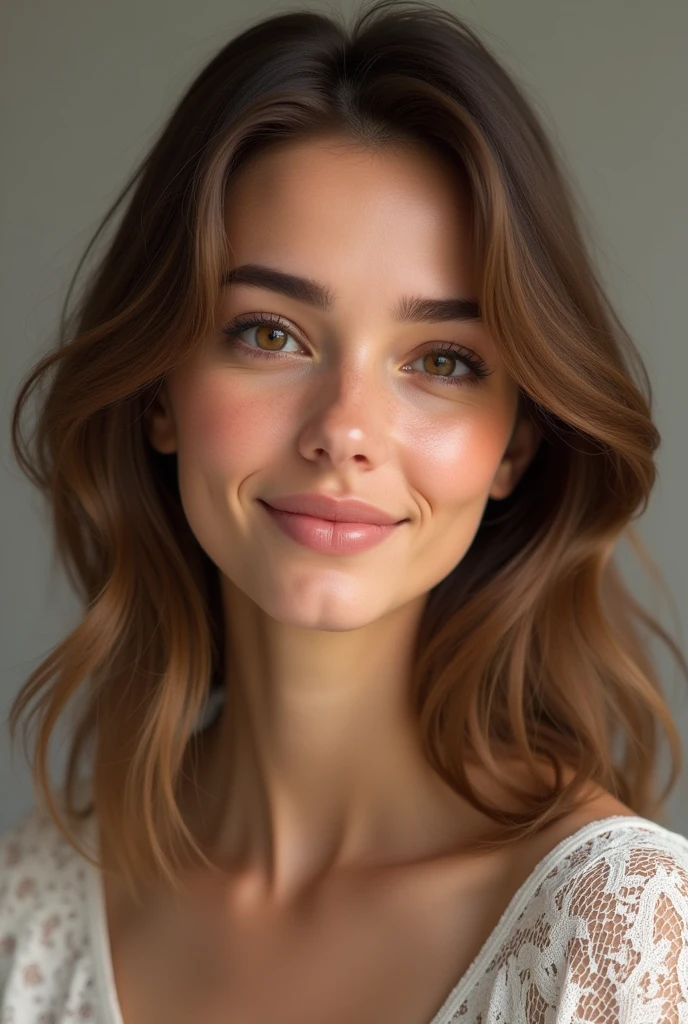 Create a realistic portrait of a female model of Tunisian origin. She has light brown eyes, medium-length light chestnut hair, and a round face with a warm, inviting expression. Her skin tone is mixed, reflecting her Tunisian heritage. The overall style should highlight her natural beauty, with soft lighting that accentuates her features, especially her eyes and facial contours.
