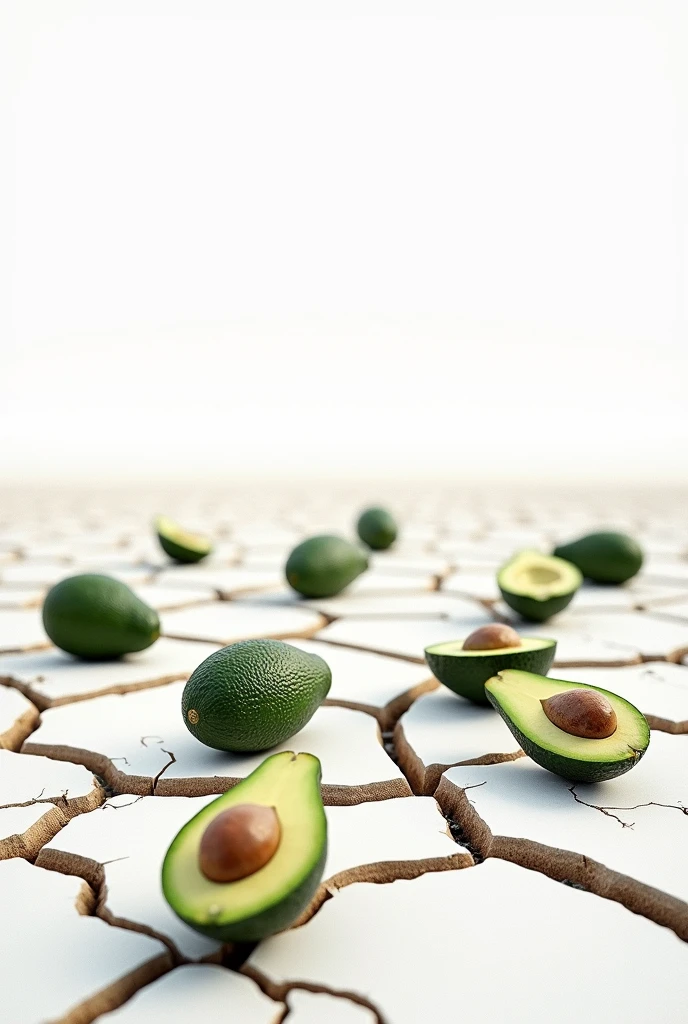 Hi, I want you to create a piece of land (on a white background) that it is arid land with cracks due to dryness and that it contains avocados on top of the ground 