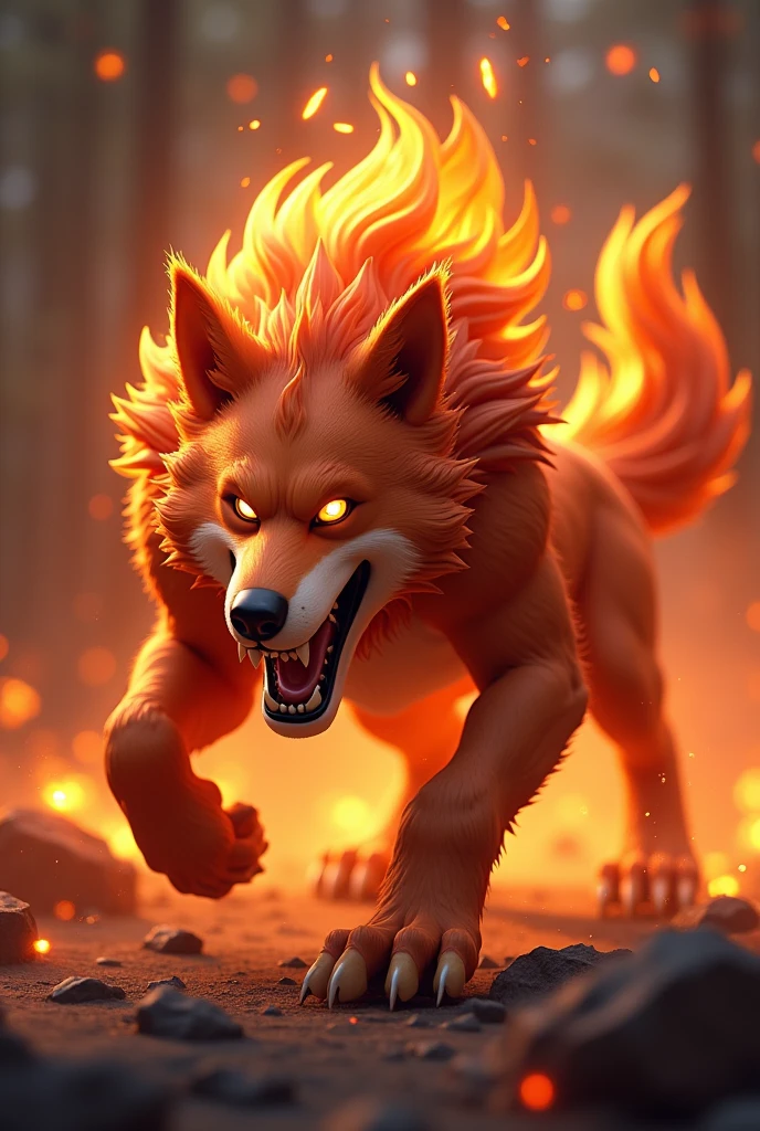 Create a 3D stylized design of 'Pyro,' a dog-like creature representing the fire element. Pyro should be depicted in a  attack pose, with flames subtly integrated into its fur. The background should feature fiery sparks and a glowing ambiance, enhancing the aggressive tone.