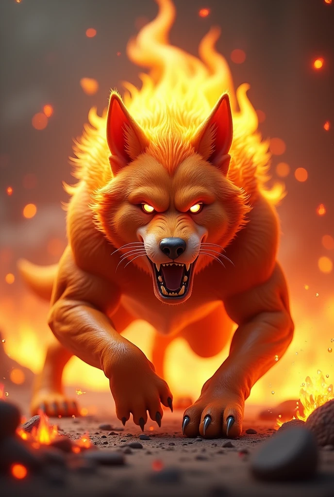 Create a 3D stylized design of 'Pyro,' a dog-like creature representing the fire element. Pyro should be depicted in a fierce attack pose, with flames subtly integrated into its fur. The background should feature fiery sparks and a glowing ambiance, enhancing the aggressive tone.