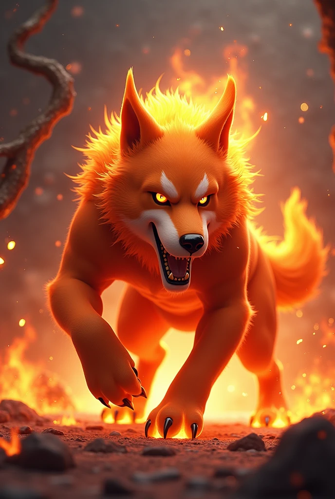 Create a 3D stylized design of 'Pyro,' a dog-like creature representing the fire element. Pyro should be depicted in a fierce attack pose, with flames subtly integrated into its fur. The background should feature fiery sparks and a glowing ambiance, enhancing the aggressive tone.