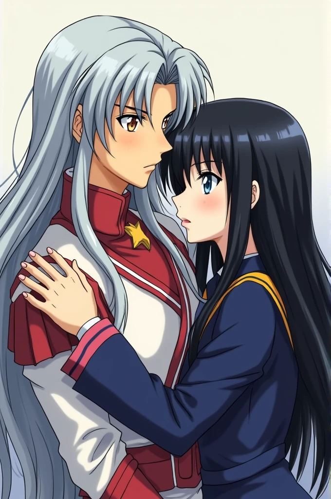 Realistic anime Sesshomaru Taisho without smile very handsome long silver hair and golden eyes, Hugging with lust a beautiful girl with black hair and blue eyes in uniform Kagome Higurashi 