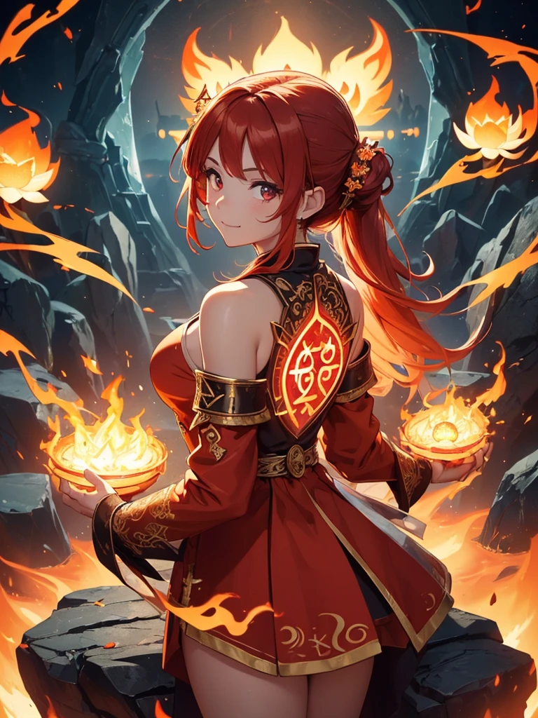 (((best quality, sharp image, clear image, cinematic lighting, 8k resolution, masterpiece, ultra detailed, intricate))) Girl, (((looking over shoulder))), shot from behind, ((half shot)), fire mage, cute, fiery red hair, pigtails in hair, (intricate dress), (white dress), ribbons in hair, smiling, fiery red, ((intricate Portal background)), ((fire magic)), candles, ((glowing runes on skin)), (flame patterns), ((fiery lotus flowers)), busy background., ((fire sigils)), (rock formations), Exploding rock, lavafalls, gauntlets, ((Red rubies)), busy background.