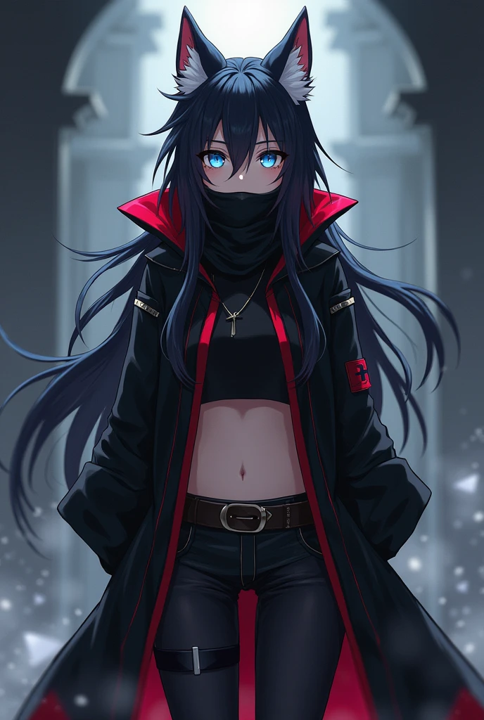 ((masterpiece, Anime)) Wolf girl, 24 years, long wolf's tail, female, Short black hair with white tips, handsome, slender, dark priest with balck and red close long coat, blue eyes, cultist, solo, one character, Long clothes. Black bandana covering the mouth and reinforced pants in colors that match the outfit. White armband, Evil smile.