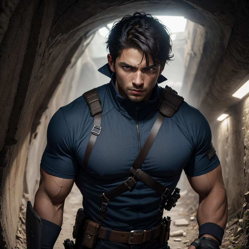 "Create a photorealistic illustration of a dark-skinned man in a dangerous situation in an underground location.
The man has strong, angular features, with tanned skin and short dark hair. His blue eyes convey an expression of alert and concern. His body is muscular and athletic, and he firmly holds a firearm with firm, ready hands. In addition to wearing dark clothes.
He is in a dark, underground environment, possibly a tunnel. Stone or concrete walls create a feeling of confinement and isolation. The lighting is dim and shadowy, casting unsettling shadows across the character's tense face.
The composition of the scene should create a feeling of imminent danger, with the character in an alert position, ready to react to an unknown threat. The lighting and color palette should convey an oppressive and threatening atmosphere, accentuating the tension of the situation.
Through facial expression, body posture and hostile environment, the illustration must convey a sense of vulnerability, adrenaline and the urgent need for survival. Realistic details, such as the texture of the weapons and the determined expression of the character, should reinforce the authenticity of the scene."