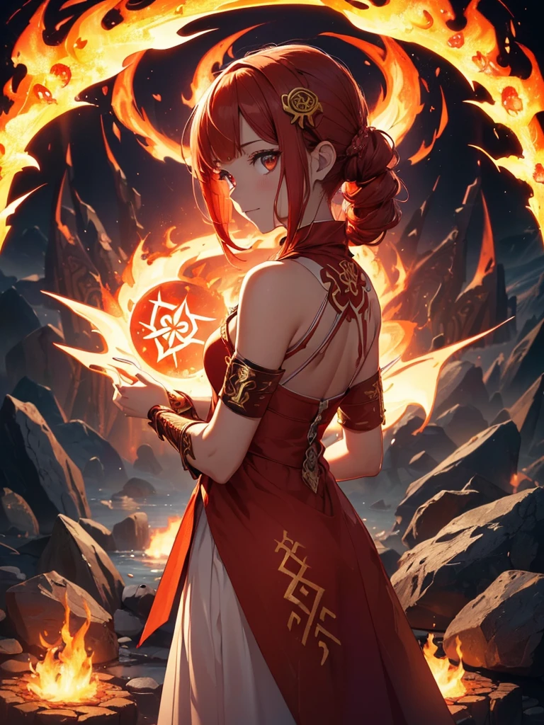 (((best quality, sharp image, clear image, cinematic lighting, 8k resolution, masterpiece, ultra detailed, intricate))) Girl, (((looking over shoulder))), shot from behind, ((half shot)), fire mage, cute, fiery red hair, pigtails in hair, (intricate dress), (white dress), ribbons in hair, smiling, fiery red, ((intricate Portal background)), ((fire magic)), candles, ((glowing runes on skin)), (flame patterns), ((fiery lotus flowers)), busy background., ((fire sigils)), (rock formations), Exploding rock, lavafalls, gauntlets, ((Red rubies)), busy background.