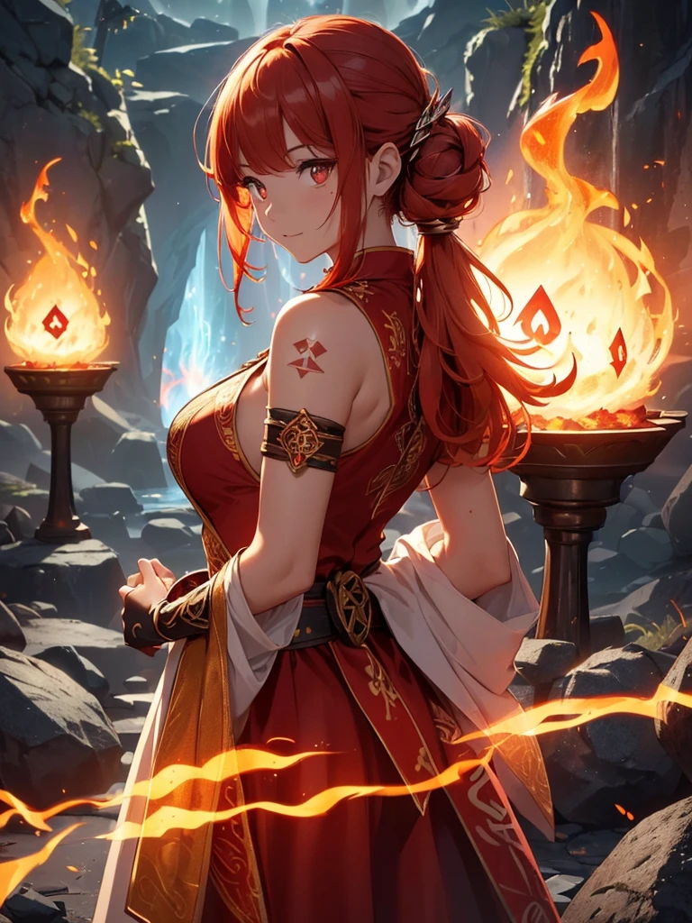 (((best quality, sharp image, clear image, cinematic lighting, 8k resolution, masterpiece, ultra detailed, intricate))) Girl, (((looking over shoulder))), shot from behind, ((half shot)), fire mage, cute, fiery red hair, pigtails in hair, (intricate dress), (white dress), ribbons in hair, smiling, fiery red, ((intricate Portal background)), ((fire magic)), candles, ((glowing runes on skin)), (flame patterns), ((fiery lotus flowers)), busy background., ((fire sigils)), (rock formations), Exploding rock, lavafalls, gauntlets, ((Red rubies)), busy background.