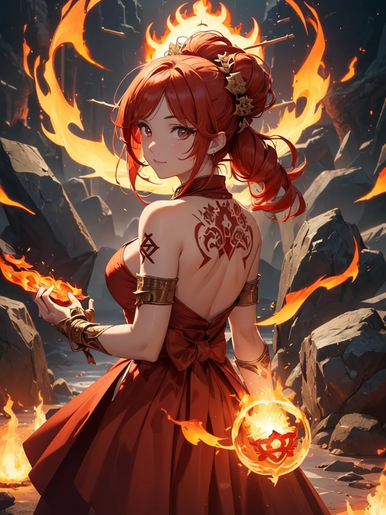 (((best quality, sharp image, clear image, cinematic lighting, 8k resolution, masterpiece, ultra detailed, intricate))) Girl, (((looking over shoulder))), shot from behind, ((half shot)), fire mage, cute, fiery red hair, pigtails in hair, (intricate dress), (white dress), ribbons in hair, smiling, fiery red, ((intricate Portal background)), ((fire magic)), candles, ((glowing runes on skin)), (flame patterns), ((fiery lotus flowers)), busy background., ((fire sigils)), (rock formations), Exploding rock, lavafalls, gauntlets, ((Red rubies)), busy background.