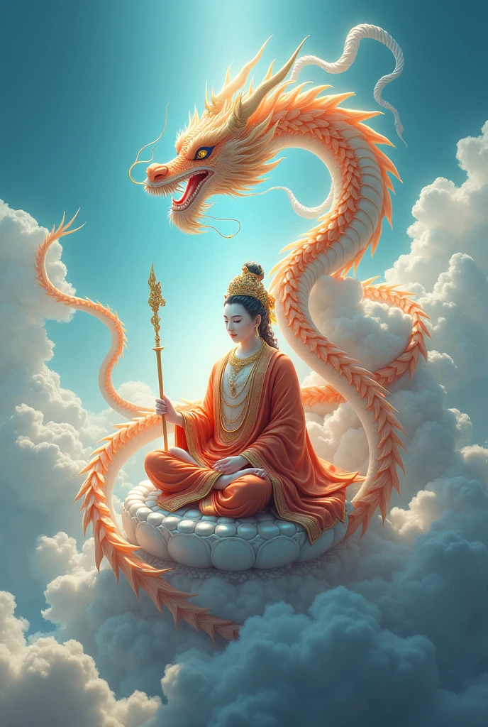 Manjushri Bodhisattva in the blue sky with the divine dragon flying among the clouds