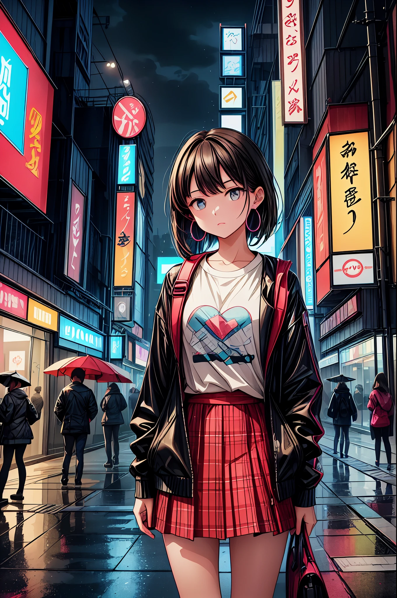 A captivating scene unfolds in a bustling, neon-lit urban street, possibly set in a futuristic or modern Asian city like Tokyo. The atmosphere is vibrant yet moody, as rain lightly falls, creating reflections on the wet pavement that mirrors the dazzling lights of the surrounding shops and signs. The young woman in the foreground is the focal point. She has a thoughtful, slightly melancholic expression, suggesting a reflective or introspective moment.Her attire is casual yet stylish, featuring an oversized, patterned shirt with rolled-up sleeves and a short skirt. The patterns on her shirt are abstract, with bold colors and shapes that contrast against the cool-toned environment. A red backpack is slung over her shoulder, adding a pop of color and implying that she's on a journey or returning from one. Her short, brown hair is slightly damp from the rain, and she wears small hoop earrings and a bracelet, adding subtle touches of personality to her appearance.Behind her, the street is alive with activity. The out-of-focus crowd and vehicles suggest a busy, vibrant nightlife. Neon signs in various languages illuminate the scene, casting a mix of cool and warm tones across the frame, creating a dynamic contrast between the city's energy and the girl's calm demeanor. The overall mood of the image is a blend of solitude and connection, as the girl seems lost in her own world amidst the lively urban setting.