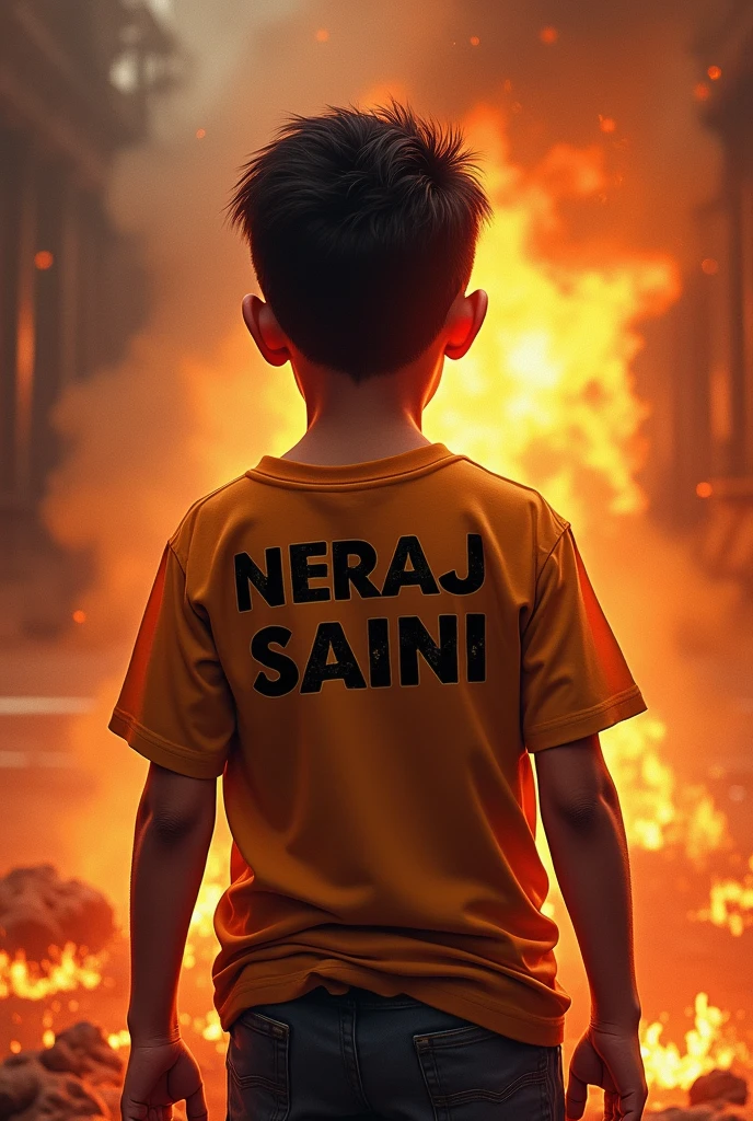 Neeraj saini name backside t -shirt boy ,danger background fire