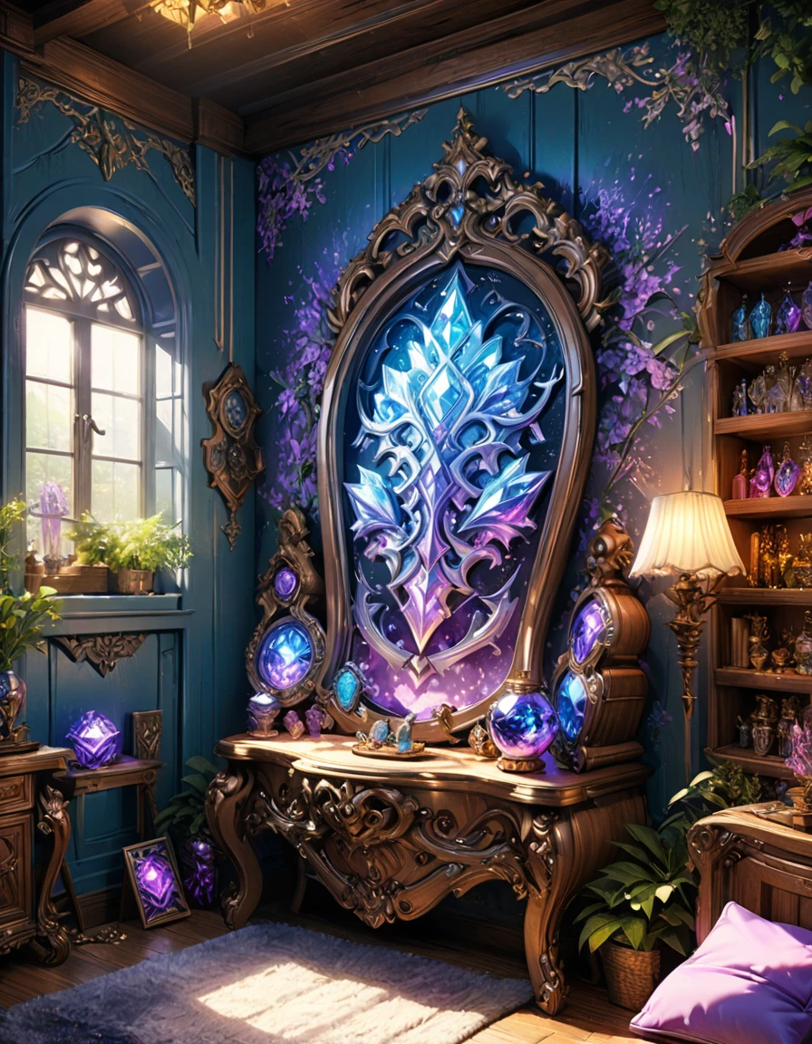 detailed textures, high quality, high resolution, high precision, realism, color correction, correct lighting settings, harmonious composition. A vibrant, detailed digital painting of an enchanted room filled with magical blue and purple crystal objects, tarot cards, amulets, runes on the walls, shelves, tables, couches, windows, magical artifacts like glowing crystals, ornate wooden furniture. The color scheme is vivid and striking, creating a dreamy atmosphere. colorful illustrations, highly detailed, high resolution, natural lighting, sharp focus, highly detailed illustration, high definition, in the style of octane rendering, hyper realistic. --ar 3:4 --niji 6