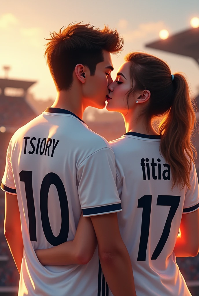 Un jeunne homme porte le maillot de real madrid anomme "TSIORY"au dos,puis une jeunne fille qui porte le maillot de real madrid anomme "fitia"au dos,numero 17 l'embrasse