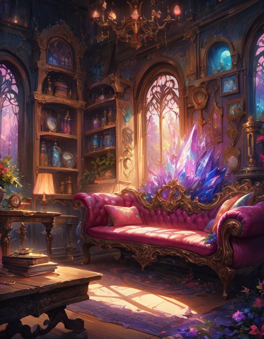 detailed textures, high quality, high resolution, high precision, realism, color correction, correct lighting settings, harmonious composition. A vibrant, detailed digital painting of an enchanted room filled with magical blue and purple crystal objects, tarot cards, amulets, runes on the walls, shelves, tables, couches, windows, magical artifacts like glowing crystals, ornate wooden furniture. The color scheme is vivid and striking, creating a dreamy atmosphere. colorful illustrations, highly detailed, high resolution, natural lighting, sharp focus, highly detailed illustration, high definition, in the style of octane rendering, hyper realistic. --ar 3:4 --niji 6
