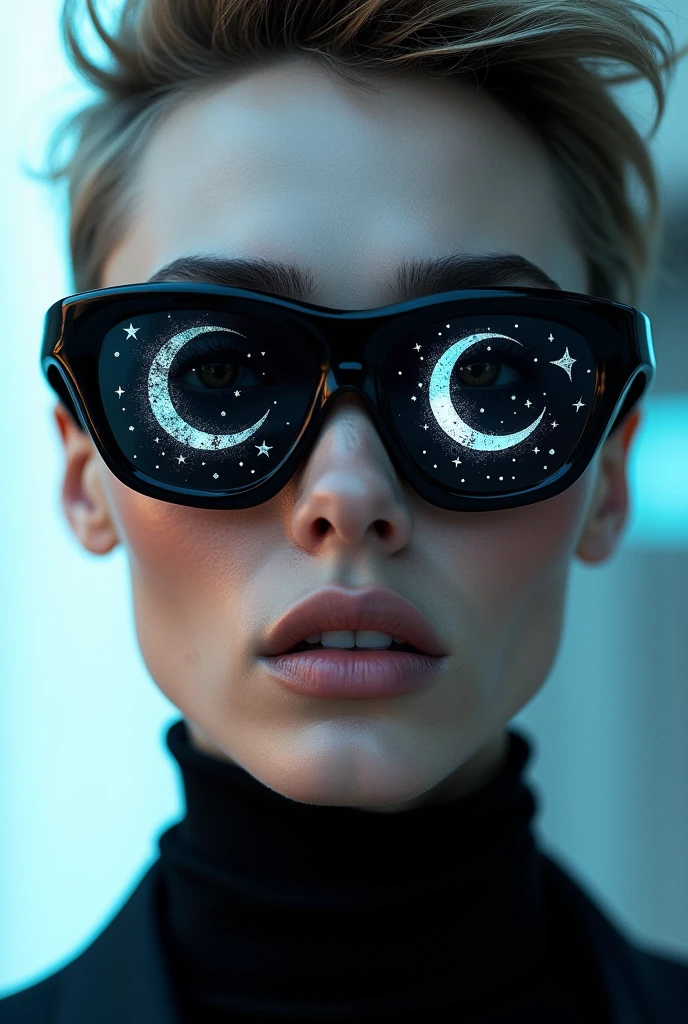 The model is wearing glass sunglasses with stars and the moon on the glass