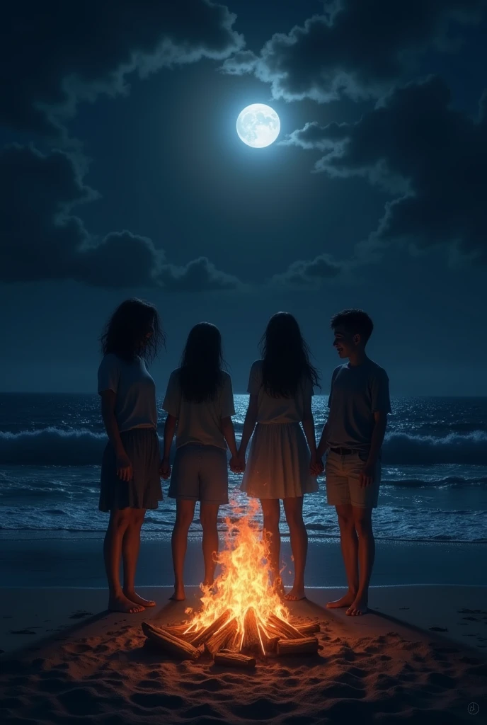 Beach, Night Time, mans Burning Fire, Scary Brown, 4 Friends, All Hands, Moonlight Night, they all are laughing
