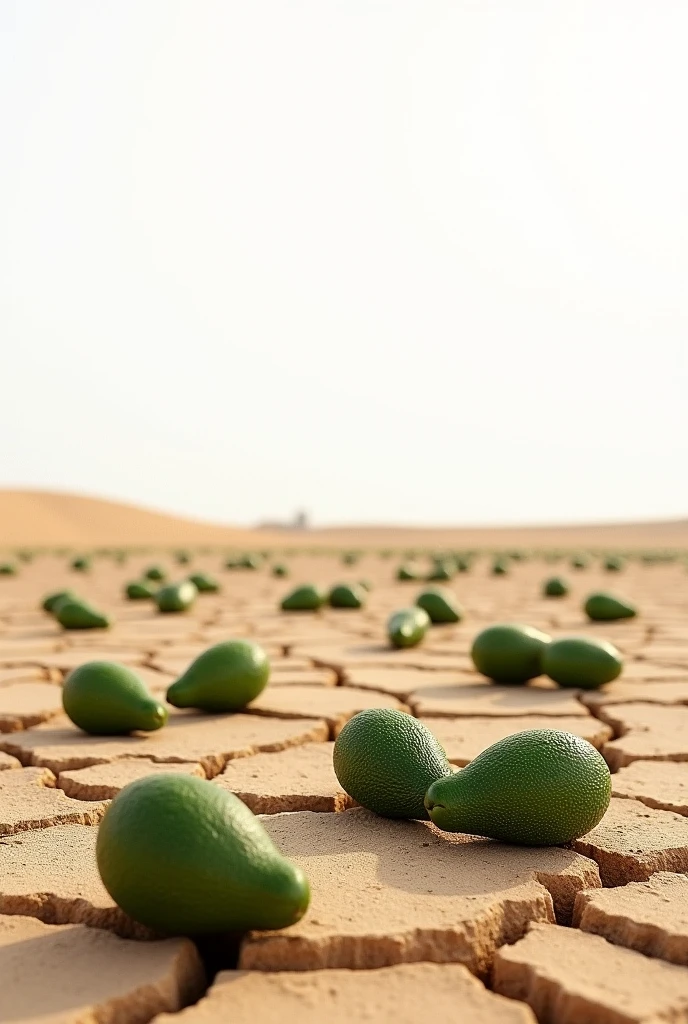 Hi, I want you to create an outstanding piece of land (on a white background) that it is arid land with cracks due to dryness and that it contains avocados on top of the ground
