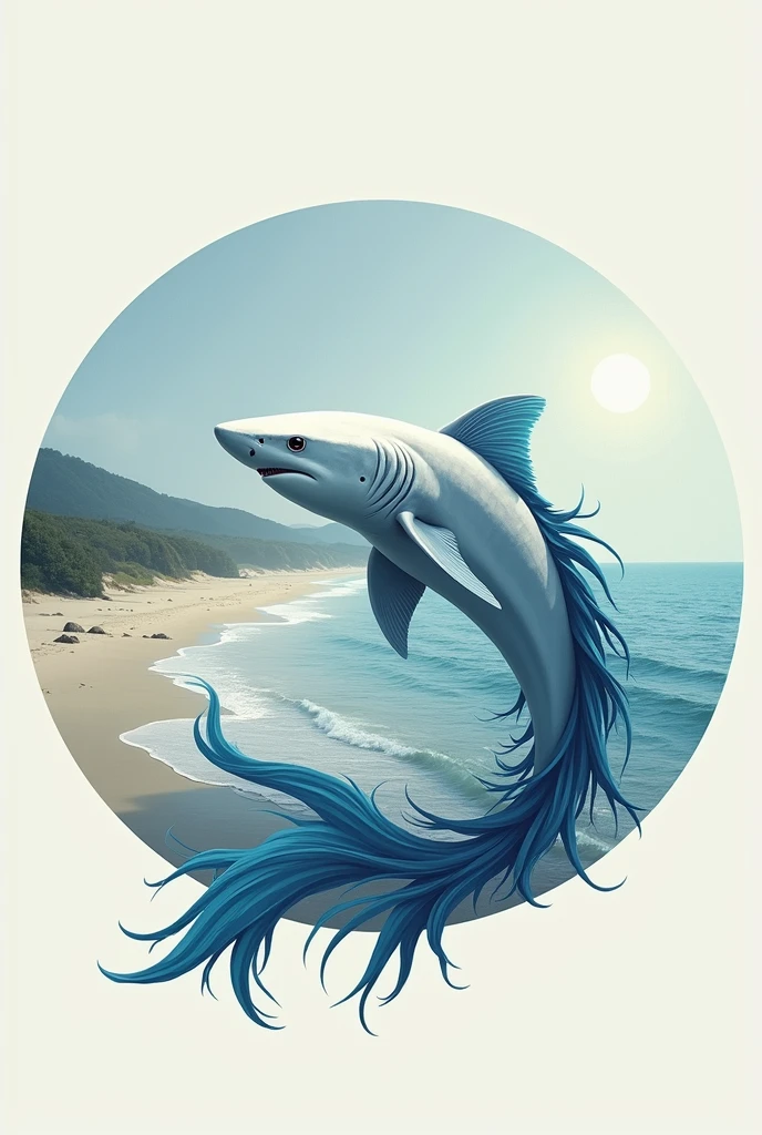 A fusion between a white shark and a betta fish inside a circle with the beach and the sea in the background Minimalist 