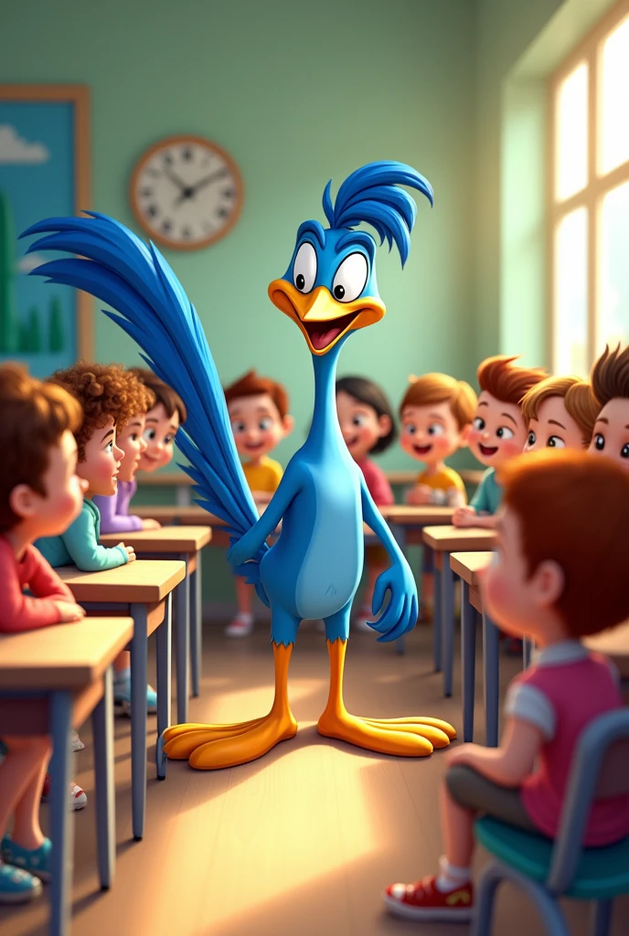 draw a picture of the roadrunner talking to children in a classroom
