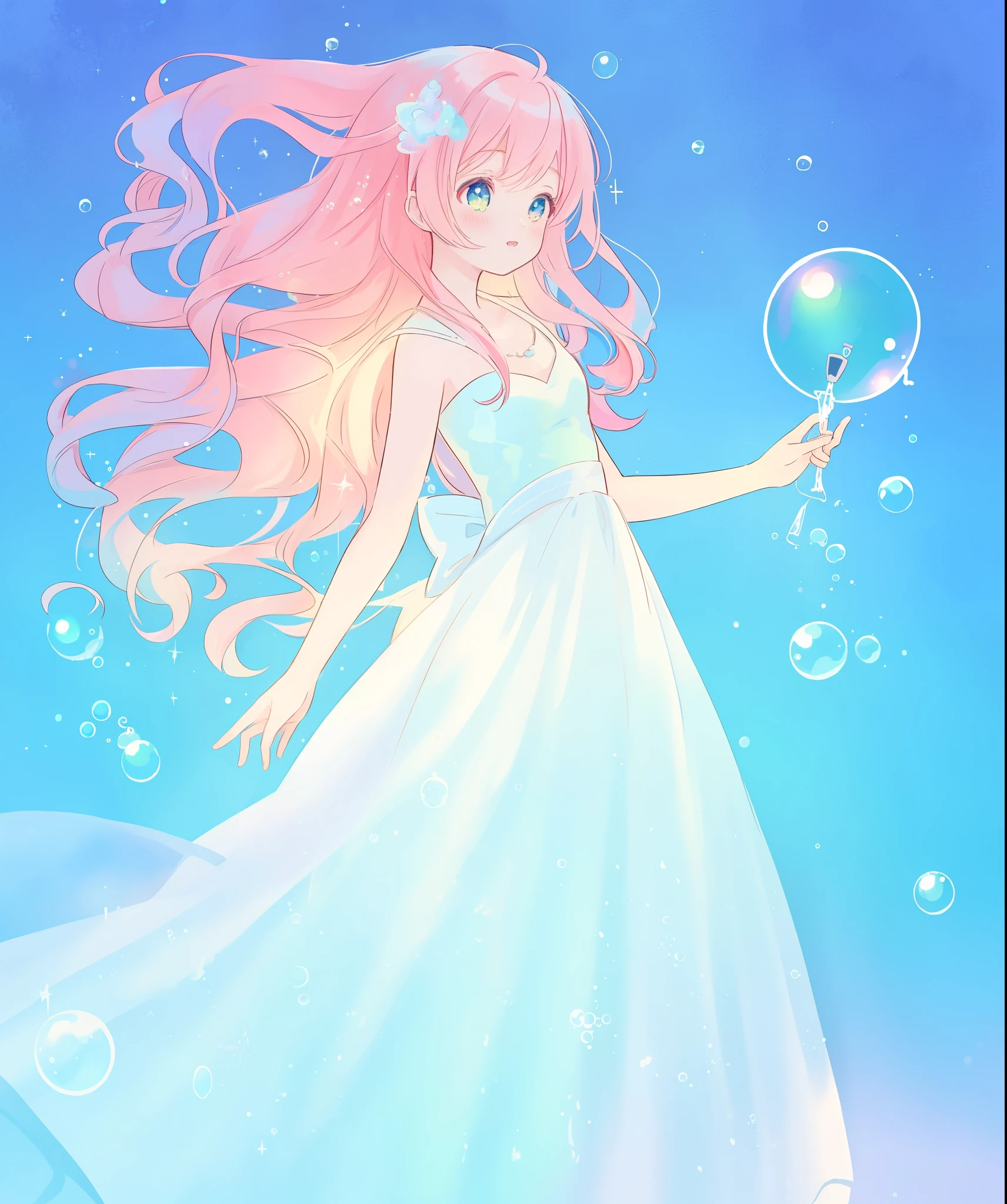 beautiful anime girl in a sparkling  ballgown dress, ((50bubbles)), vibrant pastel colors, flowing long pink peach hair, (colorful), magical lights, inspired by Glen Keane, inspired by Lois van Baarle, disney art style, by Lois van Baarle, glowing aura around her, by Glen Keane, jen bartel, glowing lights! digital painting, flowing glowing hair, glowing flowing hair, beautiful digital illustration, fantasia background, whimsical, magical, fantasy, beautiful face, ((masterpiece, best quality)), intricate details, highly detailed, sharp focus, 8k resolution, sparkling detailed eyes, liquid watercolor, (((bubbles)))