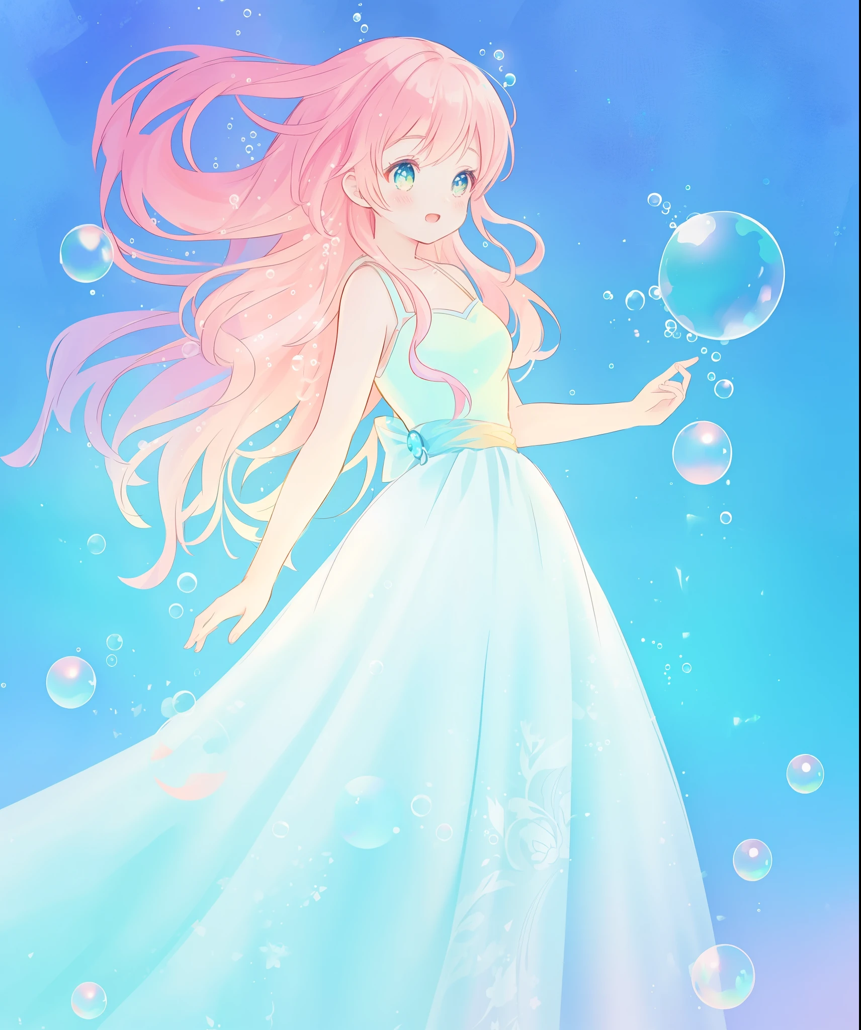 beautiful anime girl in a sparkling  ballgown dress, ((50bubbles)), vibrant pastel colors, flowing long pink peach hair, (colorful), magical lights, inspired by Glen Keane, inspired by Lois van Baarle, disney art style, by Lois van Baarle, glowing aura around her, by Glen Keane, jen bartel, glowing lights! digital painting, flowing glowing hair, glowing flowing hair, beautiful digital illustration, fantasia background, whimsical, magical, fantasy, beautiful face, ((masterpiece, best quality)), intricate details, highly detailed, sharp focus, 8k resolution, sparkling detailed eyes, liquid watercolor, (((bubbles)))