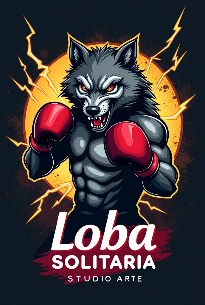 Boxing wolf logo with acronym Loba Solitaria Studio Arte, with spray can and lightning in the background