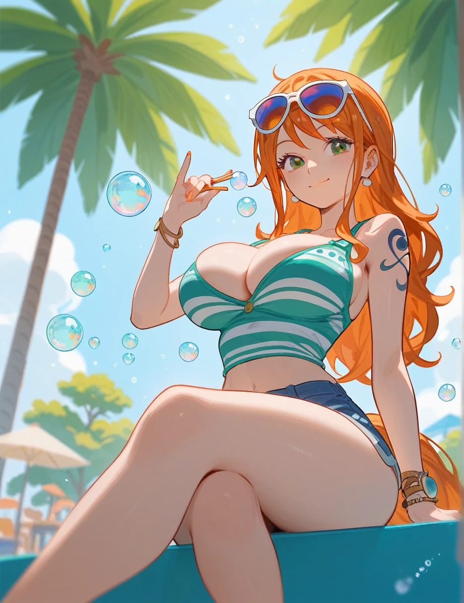 (from below:0.3), score_9_up,score_8_up, nami,1girl, solo, green eyes, orange hair, pony tail, ((blush)), closed mouth, smile, big breast, pose, ((sitting )), (thin girl:1.2), (bubbles), ((entertainment park)), sunglasses, (glass with a straw)