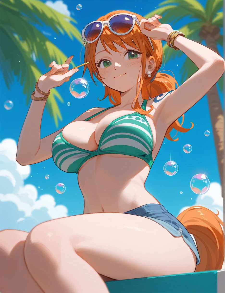 (from below:0.3), score_9_up,score_8_up, nami,1girl, solo, green eyes, orange hair, pony tail, ((blush)), closed mouth, smile, big breast, pose, ((sitting )), (thin girl:1.2), (bubbles), ((entertainment park)), sunglasses, (glass with a straw)