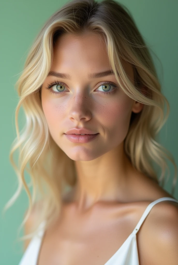 (photorealism:50) A white skin, light blonde, pretty 20 y/o girl, with green eyes, straight nose and full lips. Soft face features. Very long medium wavy hair with madium bangs. Wearing a white dress. With a light green background.