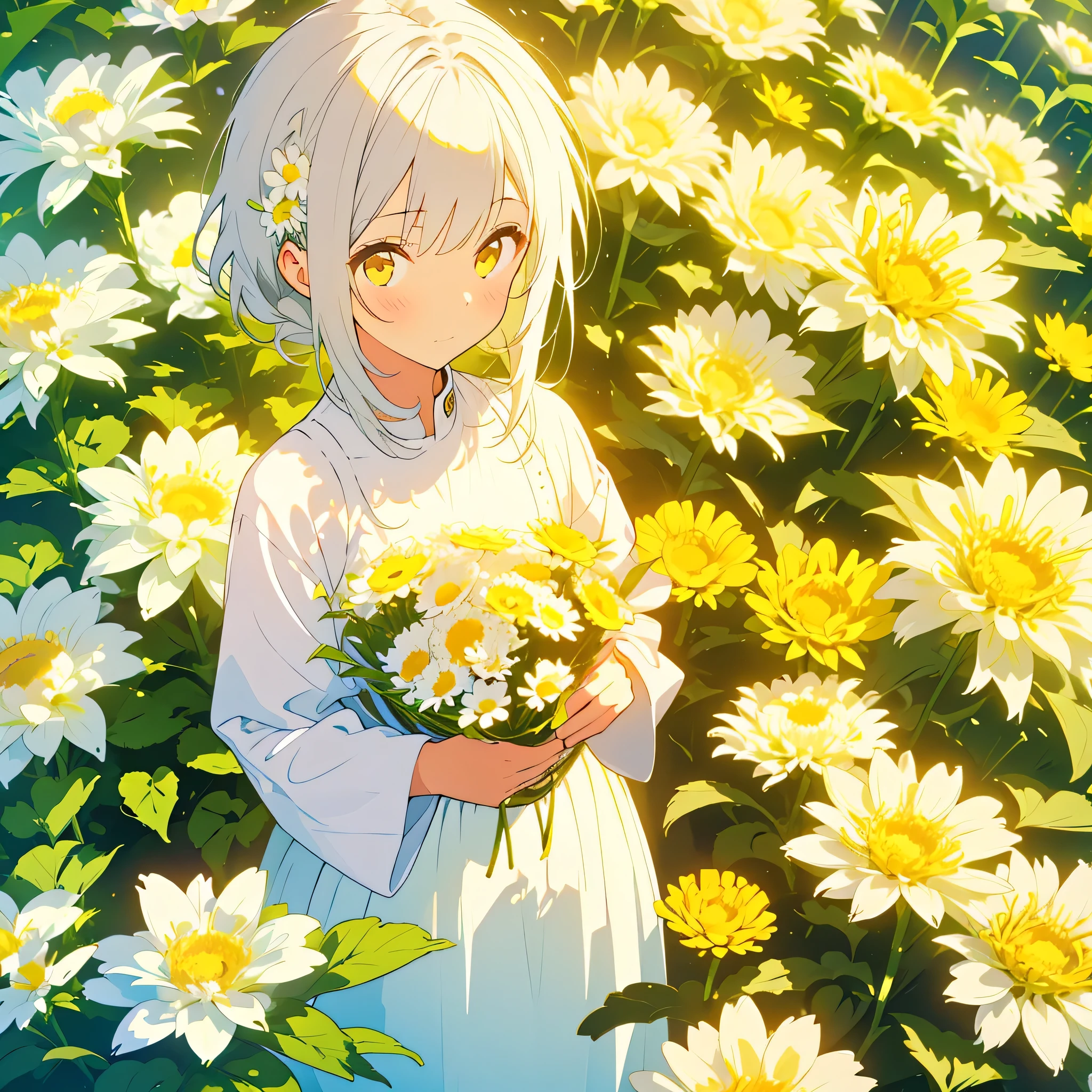 A girl among small white chrysanthemums with yellow centers