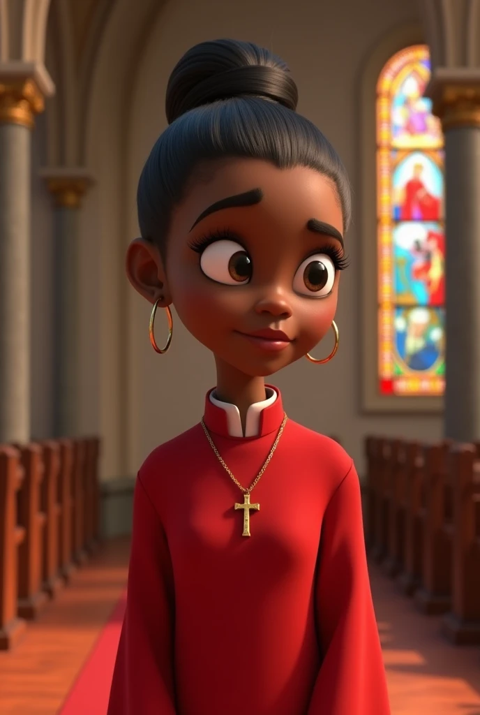 Pixar-inspired 3D poster of a young black woman with straight hair tied in a bun, wearing a red acolyte's robe,with a small crucifix around his neck, inside a church