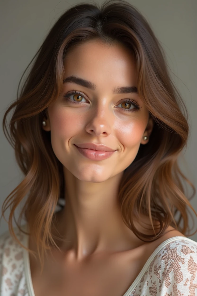 cute beautiful brunette, perfect angle, very detailed, , flirty face, messy long hair, brown eyes, high-res, masterpiece, best quality,intricate details, highly detailed,sharp focus, detailed skin,realistic skin texture,texture, detailed eyes, professional, 4k, smile, shot on Canon, 85mm,shallow depth of field,kodak vision color,  eyeshadow, extremely detailed, photo_\(ultra\), photorealistic, realistic, post-processing, max detail, roughness, real life, ultra realistic, photorealism, photography, 8k uhd, photography, braless,