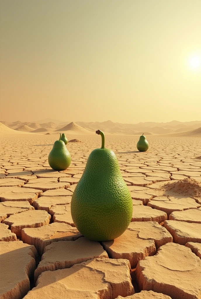 Hello, I want you to create a piece of outstanding land that is arid land with cracks due to dryness and that contains avocados on top of the land.