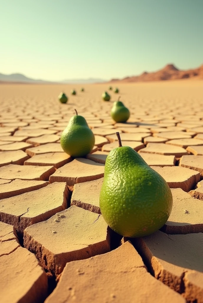 Hello, I want you to create a piece of outstanding land that is arid land with cracks due to dryness and that contains avocados on top of the land.
